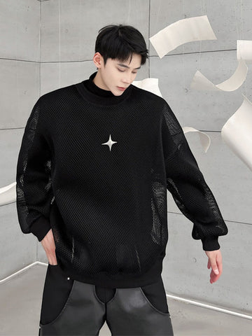 Hollowed Out Mesh Design Long Sleeve Men Sweatshirt 2023 New Autumn Korean Fashion Long Sleeve Male Tops 9A4936
